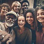 Family, portrait and diversity selfie or smile with children, parent or grandparents bonding. Senior man, girl and boy kid group happy for support, security and time with love and care on holiday