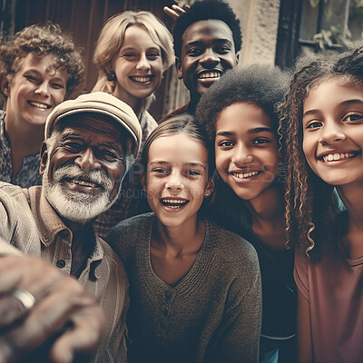 Family, portrait and diversity selfie or smile with children, parent or grandparents bonding. Senior man, girl and boy kid group happy for support, security and time with love and care on holiday