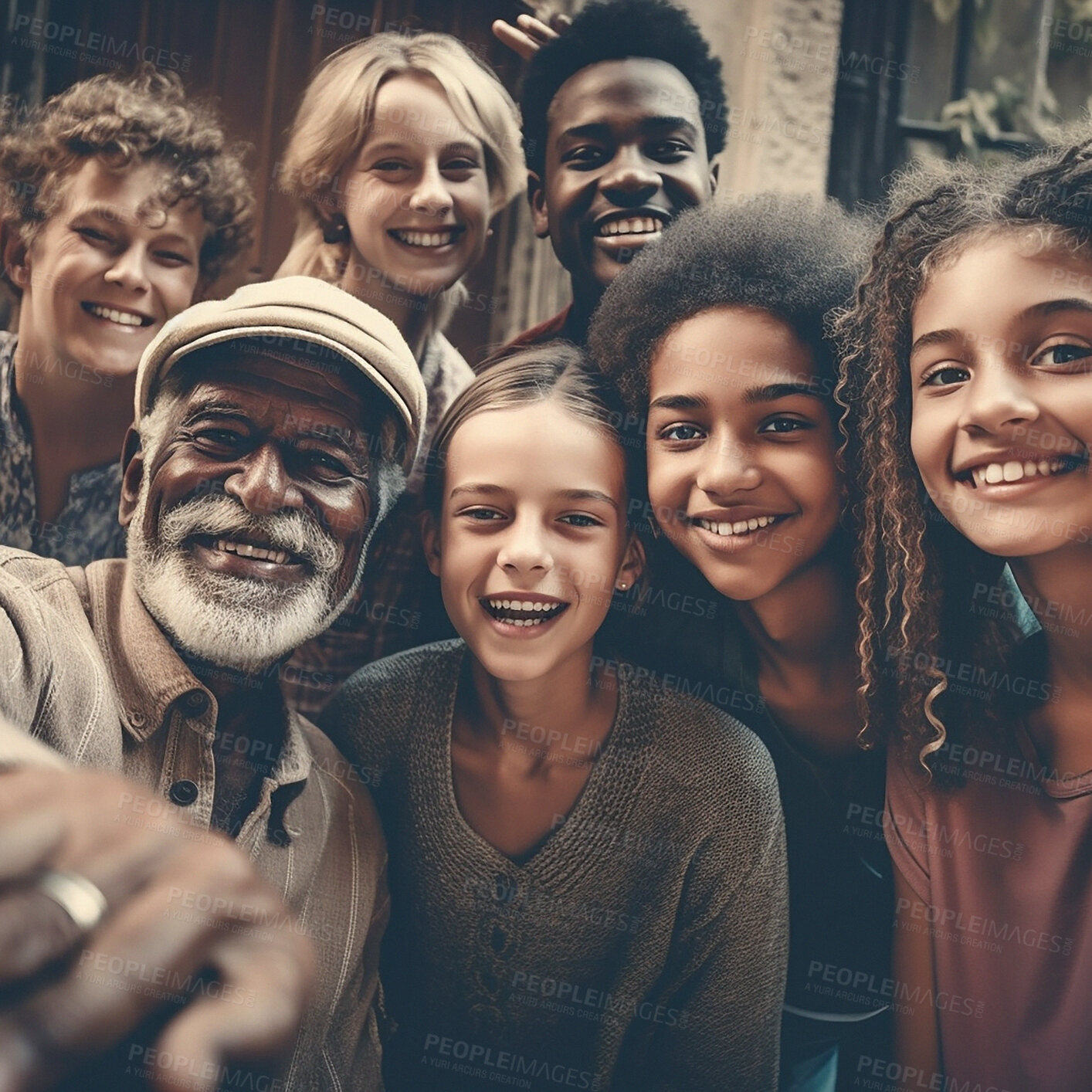 Buy stock photo Selfie, portrait and diversity family smile with children, parent or grandpa bonding. Senior man, girl and boy kid group happy for support, security or love and care in ai generated foster home