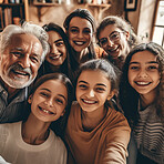 Ai, selfie and portrait of grandparents and children at home with digital art, futuristic app and 3d photo filter. Family, creative technology and augmented faces of happy people smile for picture