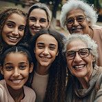 Happy family, portrait and diversity selfie or smile with children, mother and grandparents bonding. Senior man, woman and girl kid group for support, security and time with love and care on holiday