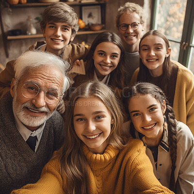 Buy stock photo Children, smile and portrait of family selfie at home for relaxing, bonding and together on weekend. Retirement, love and faces of ai generated grandparents, parents and kids take picture for memory