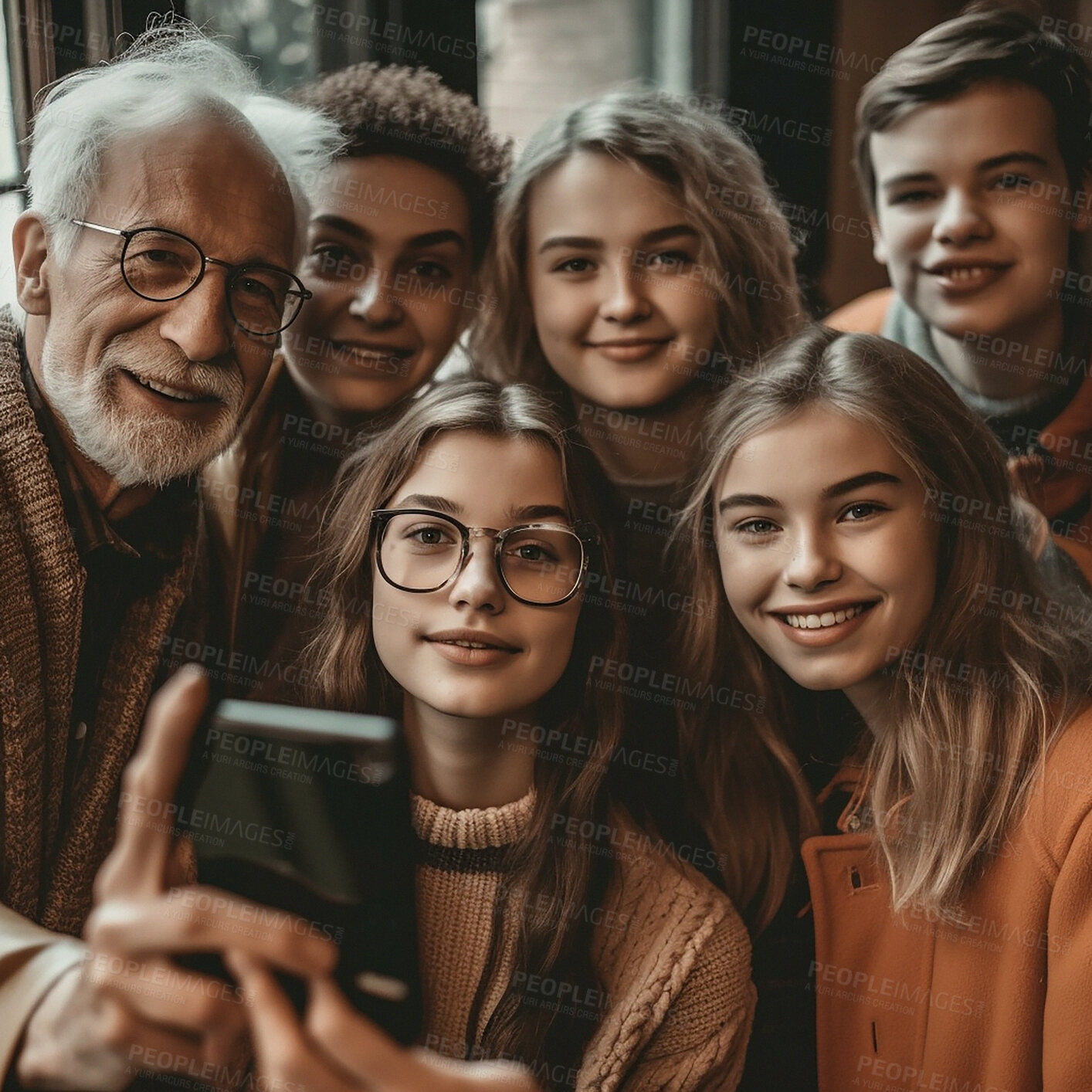 Buy stock photo Family, smile portrait and selfie with children, mother and grandpa bonding. Senior man, woman and teenage kid group happy for support, security and home quality time or love and ai generated care 