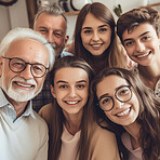 Ai, selfie and portrait of grandparents and children at home with digital art, futuristic app and 3d photo filter. Family, creative technology and augmented faces of happy people smile for picture