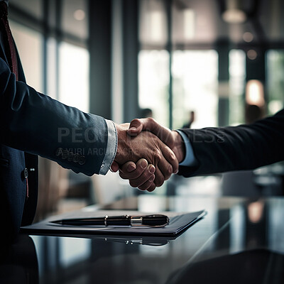 Buy stock photo Business people, handshake and partnership at night in meeting, b2b or deal agreement at office. Employees shaking hands working late in collaboration, team or welcome for introduction or greeting
