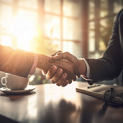 Buy stock photo Business people, handshake and partnership at night for b2b, deal or agreement in corporate recruitment at office. Employees shaking hands working late in teamwork collaboration, hiring or meeting