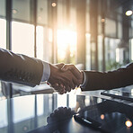 Business people, shaking hands and partnership at night for b2b, agreement or recruitment at office. Employees handshake working late in team collaboration or welcome for recruit or hiring process