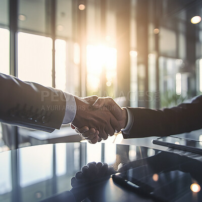 Buy stock photo Business people, shaking hands and partnership at night for b2b, agreement or recruitment at office. Employees handshake working late in team collaboration or welcome for recruit or hiring process