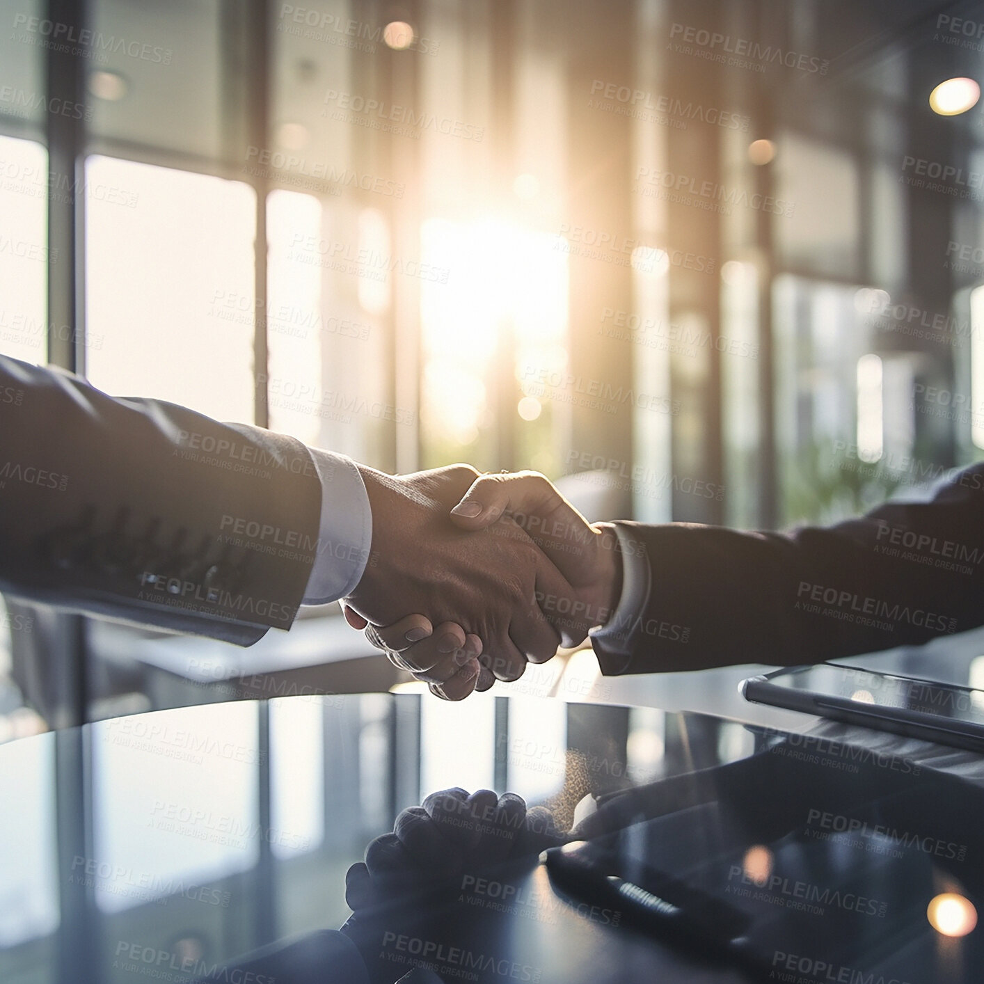 Buy stock photo Business people, shaking hands and partnership at night for b2b, agreement or recruitment at office. Employees handshake working late in team collaboration or welcome for recruit or hiring process