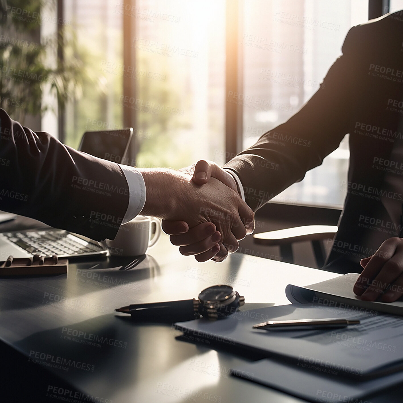 Buy stock photo Business people, handshake and partnership at night for deal, b2b or agreement in recruitment at office. Employees shaking hands working late in team collaboration, welcome or hiring process by desk