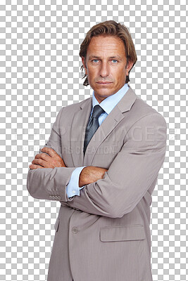 Mature businessman, portrait or arms crossed on isolated on a png background with finance goals or investment growth. Ceo, manager and financial leadership worker with success mindset on about us mockup