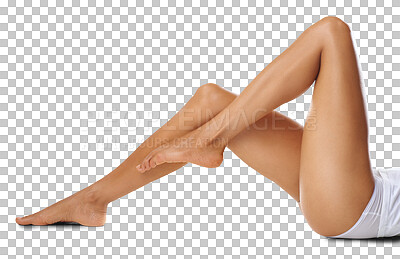 Fitness, cosmetics for legs and woman with skincare, dermatology and natural care. Lady, female and luxury spa treatment for leg, feet and wellness for smooth, clear or soft skin isolated on a png background