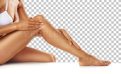 Hands, beauty skincare and legs of woman in studio for wellness, body care or grooming. Dermatology, cosmetics and feet of beautiful female model after shave or epilation isolated on a png background