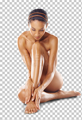 Legs, beauty skincare and naked woman in studio for aesthetic, hair removal or cosmetics promotion on mockup. Nude body, manicure and pedicure of model skin care, dermatology and luxury spa results isolated on a png background
