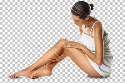 legs and body of woman on floor with skincare, spa beauty and self care marketing mockup. Dermatology, aesthetic and luxury skin care model with hair removal results on advertising mock up isolated on a png background