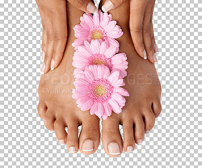 Flowers, beauty and woman hands with feet, manicure and pedicure spa treatment zoom with nails and healthy skin. Natural cosmetics with organic skincare, nature and cosmetic care with wellness isolated on a png background