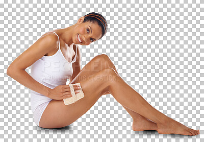 Woman, portrait and exfoliate legs with, beauty and aesthetic wellness. Body care, exfoliation and cleaning for leg cosmetics, massage sponge and healthy skincare, and makeup isolated on a png background