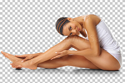 Legs, beauty woman and studio portrait for skincare health, cosmetics wellness or self care mockup. Dermatology, aesthetic and skin care model, happy with hair removal results on marketing mock up isolated on a png background