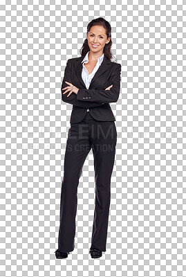 Fashion, portrait and business woman in studio with fancy, luxury and stylish classy outfit. Happy, smile and full body of female model with elegant and corporate clothes isolated by isolated on a png background