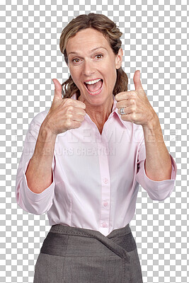 A Business woman and success portrait with thumbs up for career victory with excited smile for achievement. Happy, winner and corporate worker with yes and approval gesture on isolated on a png background