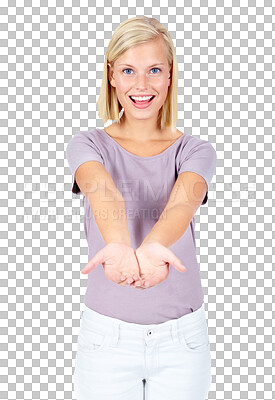 Portrait, product and open hands with a model woman for marketing. Hands, advertising and brand with a female posing on blank branding space for a logo isolated on a png background