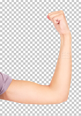 A Woman, arm or flexing muscle for female empowerment, human rights or gender equality. Zoom, model or strong bicep in power, motivation or freedom strength fist on mockup backdrop isolated on a png background
