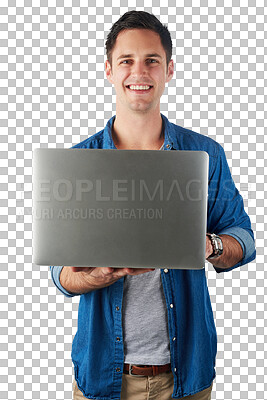 Email, connection and portrait of man with a laptop for isolated on a png background in studio. IT, web design and happy programmer in communication on a pc for a website on a studio background