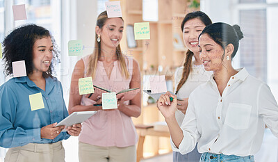 Buy stock photo Sticky notes, schedule or writing vision idea in business meeting, training or innovation coaching with storyboard. Motivated, diverse or creative women planning startup marketing strategy with kpi