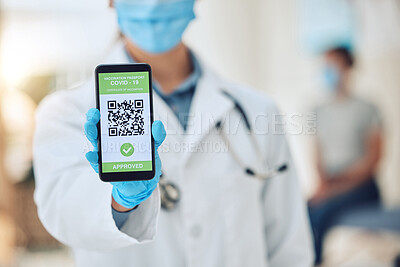 Buy stock photo Covid vaccine barcode on phone, digital passport on screen of smartphone for security and future travel and online certificate for insurance. Hand of doctor with document on web for safety and health