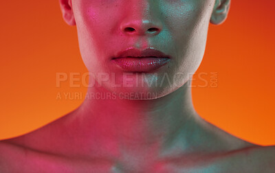 Buy stock photo Woman, neon beauty and skincare with lips, mouth and aesthetic cosmetics on color background. Closeup female model, lip filler and face for plastic surgery, facial dermatology and cyberpunk art