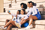 Sports, team or girl netball selfie with peace sign for fitness, workout or achievement for social media. Exercise, funny sport and happy women on smartphone for collaboration or online sport blog 