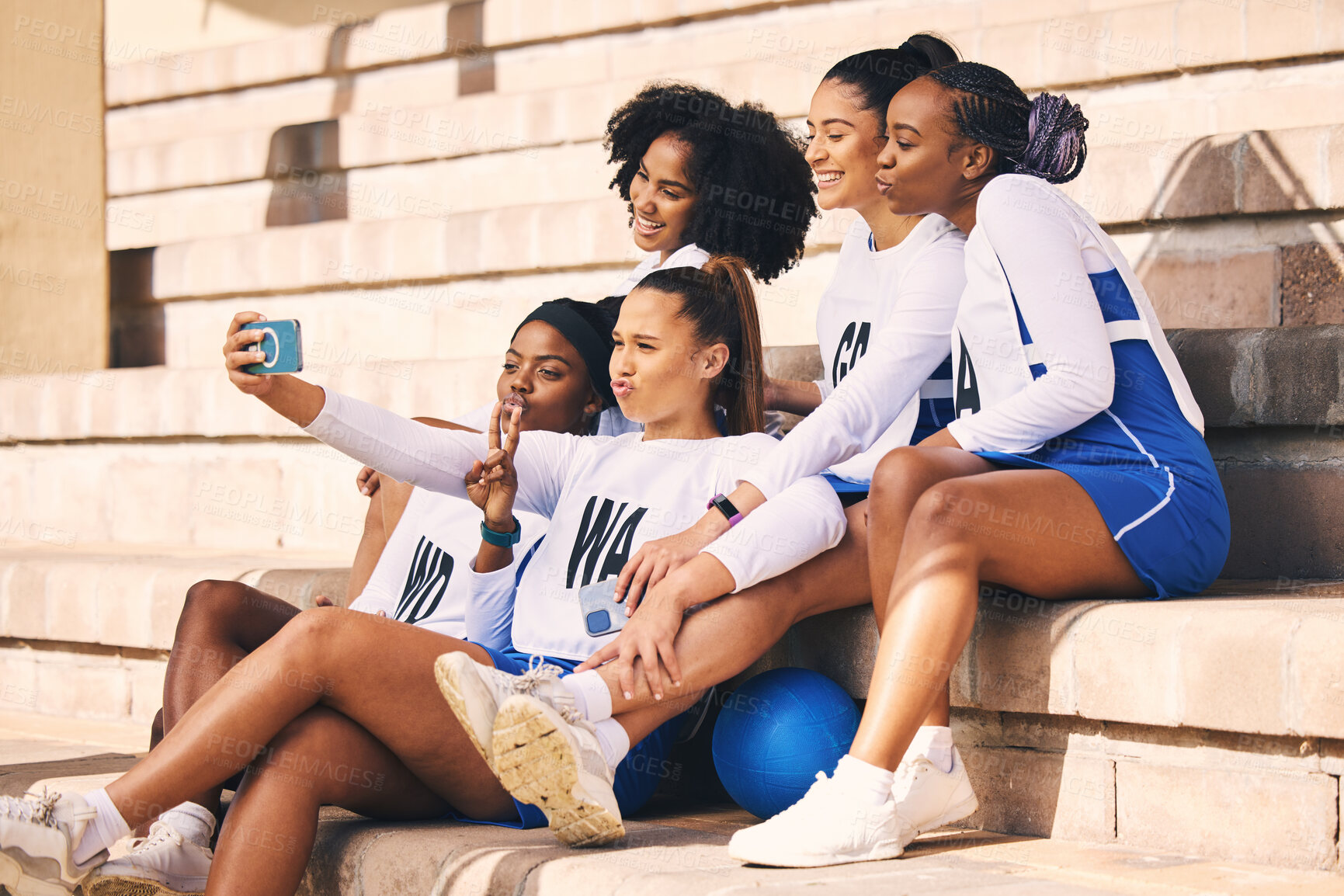 Buy stock photo Sports, team or netball friends selfie for fitness, workout or training achievement memory for social media. Exercise, girl sport and happy women for diversity photograph or online students blog