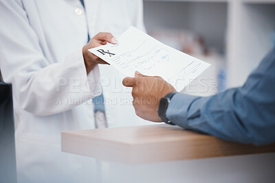 Buy stock photo Pharmacy, prescription and hands of pharmacist with paper for patient pills, medical products and medicine. Healthcare, hospital and customer giving woman script for antibiotics, drugs and medication