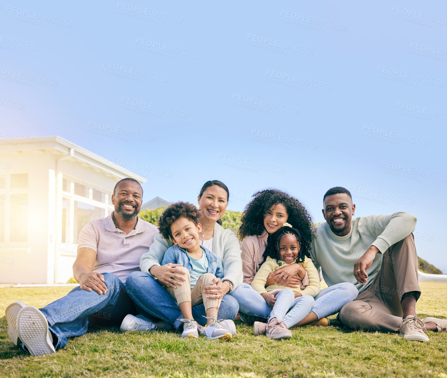 Buy stock photo Family, portrait and generations, relax on grass with happiness, grandparents and parents with children. Happy people outdoor, mockup and summer, sitting on lawn with love and bonding at holiday home