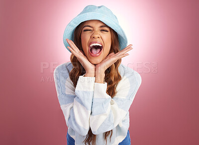 Buy stock photo Portrait, surprise and woman excited, scream and cheerful against a studio background. Face, female and girl with excitement, happiness and celebration with emoji, facial expression and omg with wow