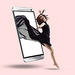 Studio, phone screen and dance, woman in fabric dress on pink background for advertising or digital marketing. Performance, music app and mobile, dancer with mock space backdrop and product placement