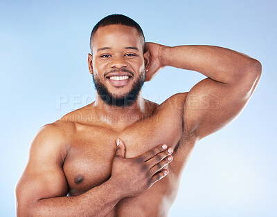 Buy stock photo Body wash, cleaning and man portrait in a studio with happiness from wellness and hygiene. Armpit, shower and clean skincare of a happy African model with a smile from washing, grooming and self care