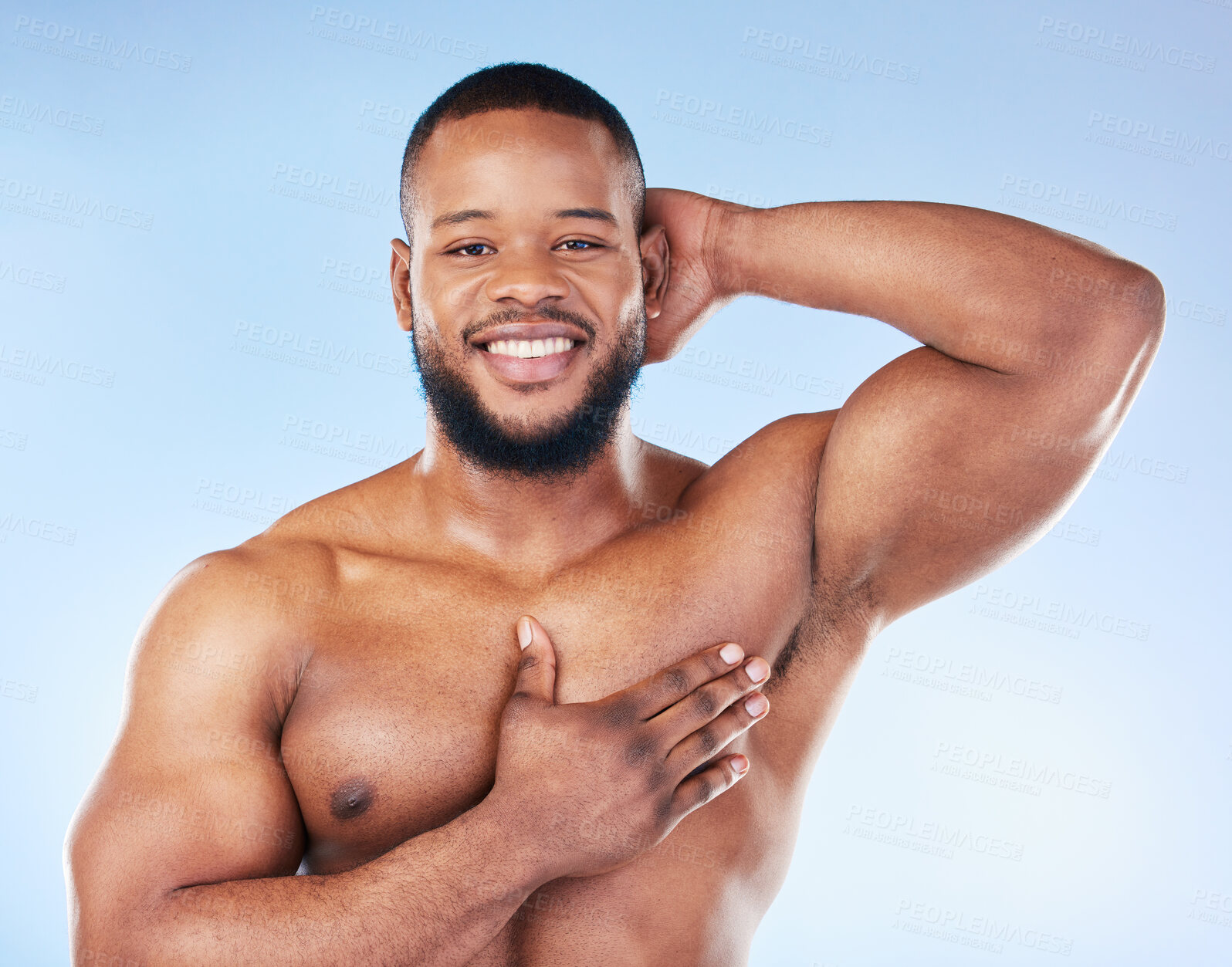 Buy stock photo Body wash, cleaning and man portrait in a studio with happiness from wellness and hygiene. Armpit, shower and clean skincare of a happy African model with a smile from washing, grooming and self care