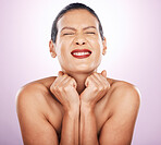 Happy, cosmetics and woman with skincare, beauty and dermatology against a studio background. Female, makeup and person with smile, excited and wellness with luxury, salon and grooming for self care