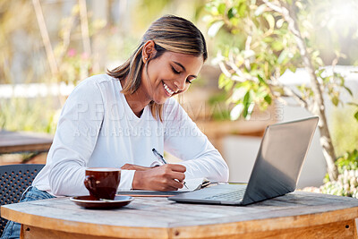 Buy stock photo Woman with smile, writing notes and student, education with study and online course, elearning and university. Female at outdoor cafe, distance or remote learning with research for school project 