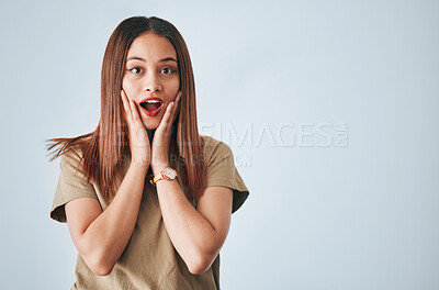 Buy stock photo Surprise, excited and portrait of woman in studio on white background for good news, announcement and sale. Fashion, mockup space and happy girl with cosmetics for advertising, marketing and discount