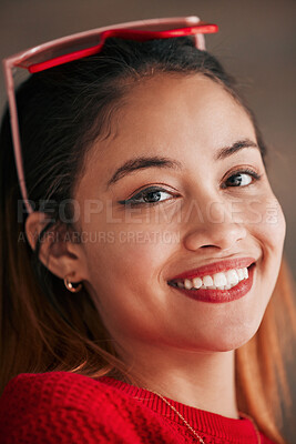 Buy stock photo Happy, smile and closeup portrait of a woman in a studio with a positive, good and confident mindset. Happiness, excited and headshot of a female model from Brazil isolated by a brown background.