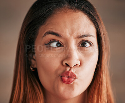 Buy stock photo Funny face, goofy and woman with emoji, silly and humor against a brown studio background. Female, joke and lady with facial expression, crazy and comics with personality, comedy and humour