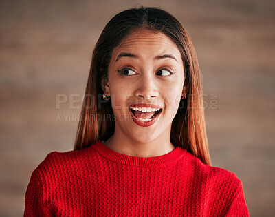 Buy stock photo Surprise, excited and face of woman with smile on wall background for good news, announcement and sale. Red fashion, beauty and happy girl with cosmetics for advertising, marketing and discount