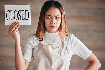 Buy stock photo Finance crisis, inflation and woman with closed sign, anger and entrepreneur with failed company. Entrepreneurship, small business owner and upset lady with poster, announcement and bankruptcy 
