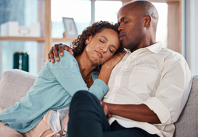 Buy stock photo Love, comfort and couple rest on sofa for bonding, quality time and relaxing together at home. Marriage, relationship and black man and woman sleeping on couch for calm, peace and embrace on weekend