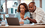 Budget, finance and black couple with laptop at table checking online banking email with concern. Computer, man and woman planning financial investment, bank payment report and taxes with internet.