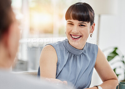 Buy stock photo Business, corporate and woman in meeting, smile and planning for project, proposal and feedback. Female leader, confident manager or employee with happiness, brainstorming or share ideas in workplace