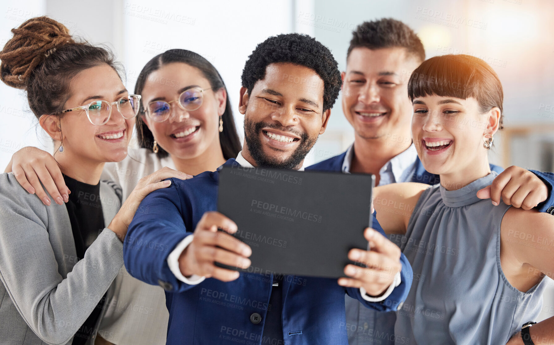 Buy stock photo Selfie, office smile and business people in group staff or team building, tablet photography or online diversity post. Professional friends, career influencer or employees in teamwork profile picture