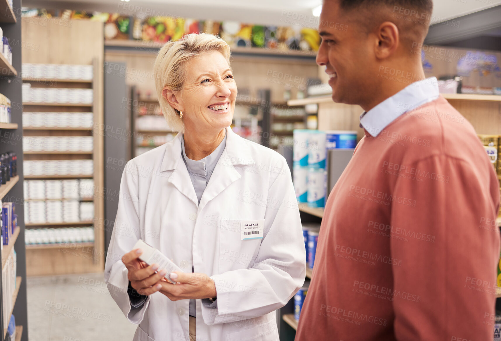 Buy stock photo Man shopping, medicine or happy pharmacist in pharmacy for retail healthcare information with a smile. Trust, woman or senior doctor helping a customer with medication advice, pills or medical drugs